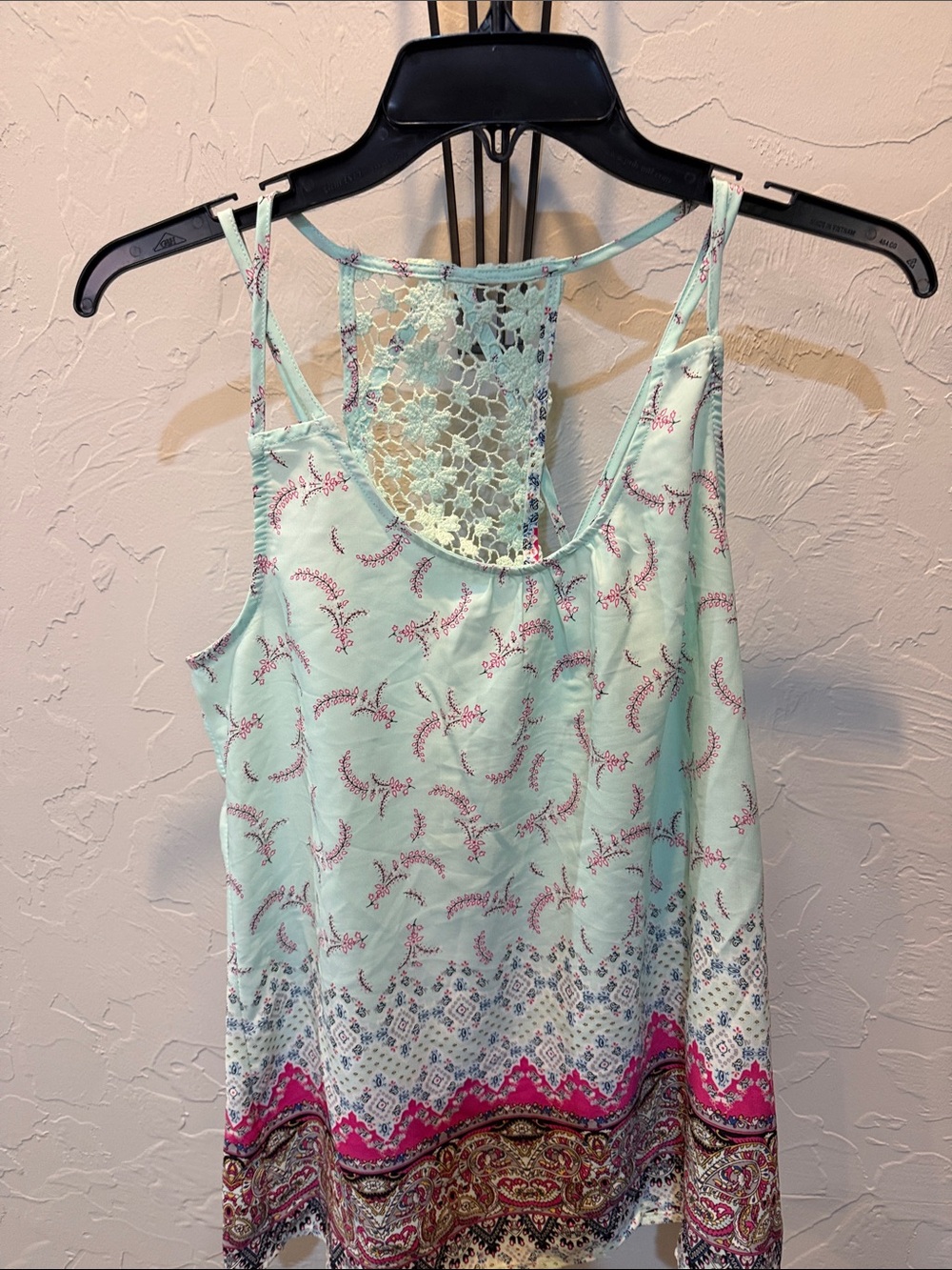 Skies Are Blue Mint Floral Lace-Back Camisole with Pink Border